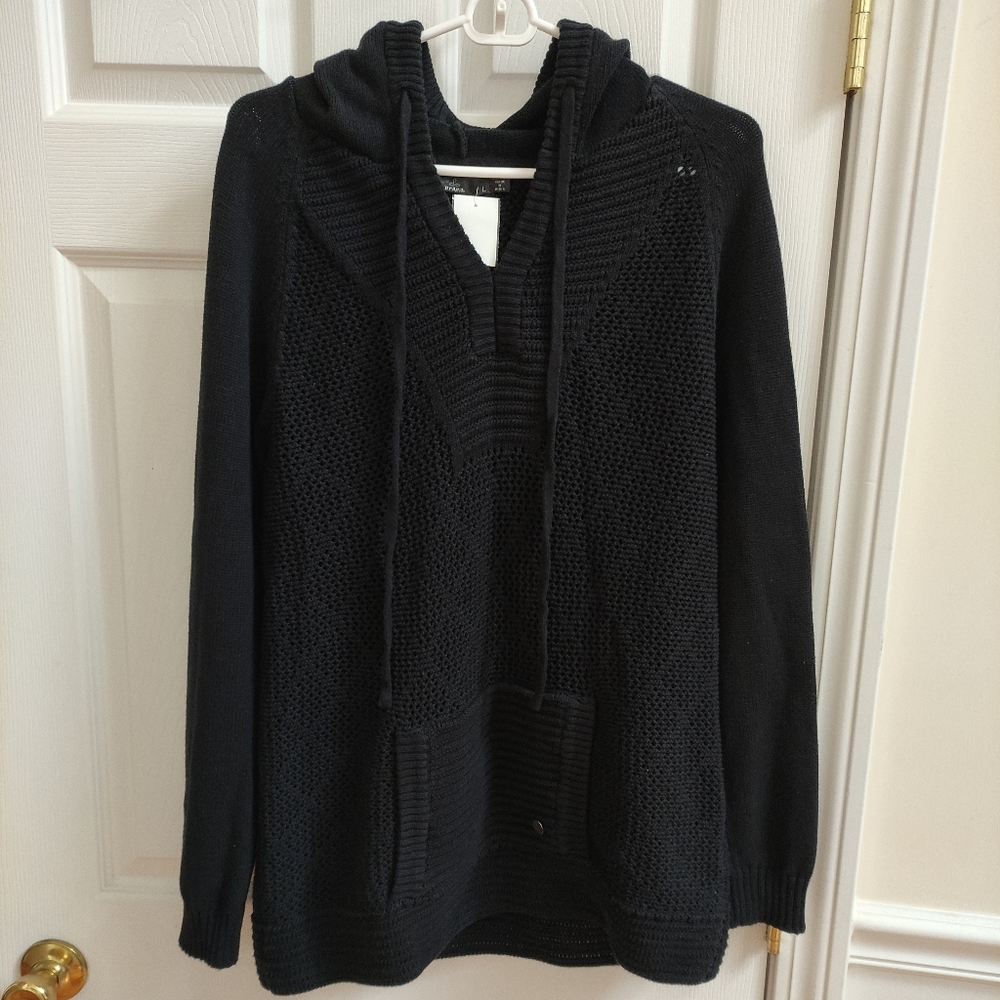 Prana Sugar Beach pullover hooded croche knit sweater women's L/M oversize navy